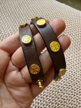 Tory Burch Dark Brown Leather Wrap Bracelet with Gold Logo Studs